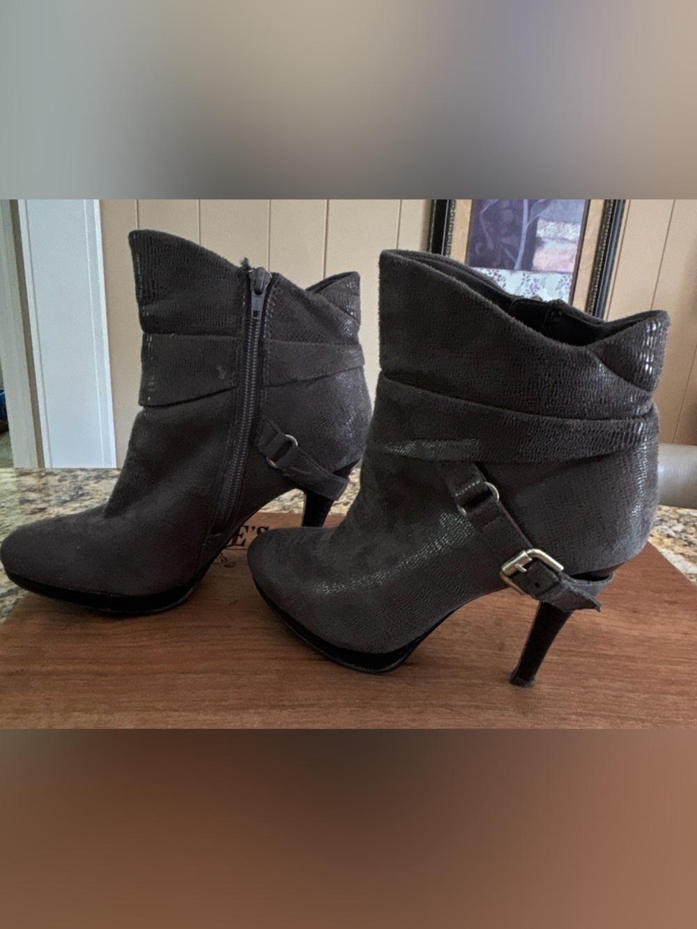 Kelly & Katie Charcoal Textured Ankle Booties with Buckle Detail